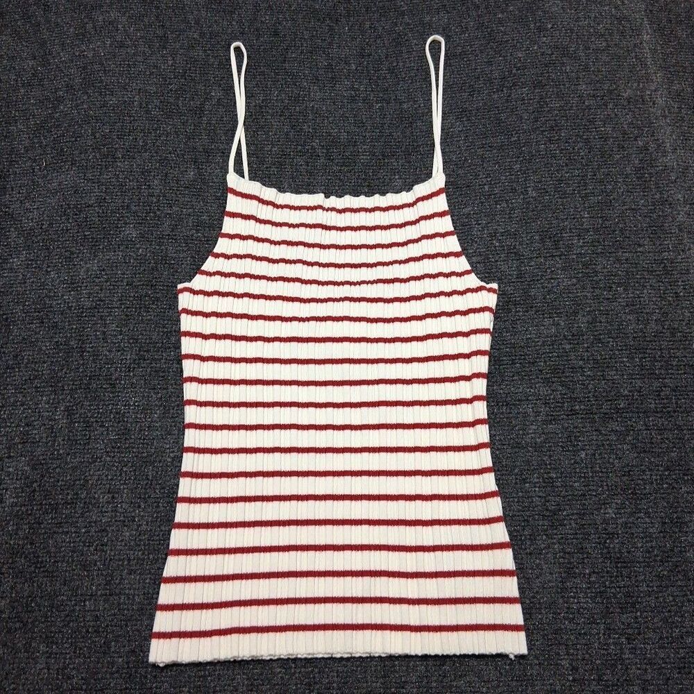 H&M Ribbed Knit Tank Cream Red Stripe Square Neck Spaghetti Strap Y2K S